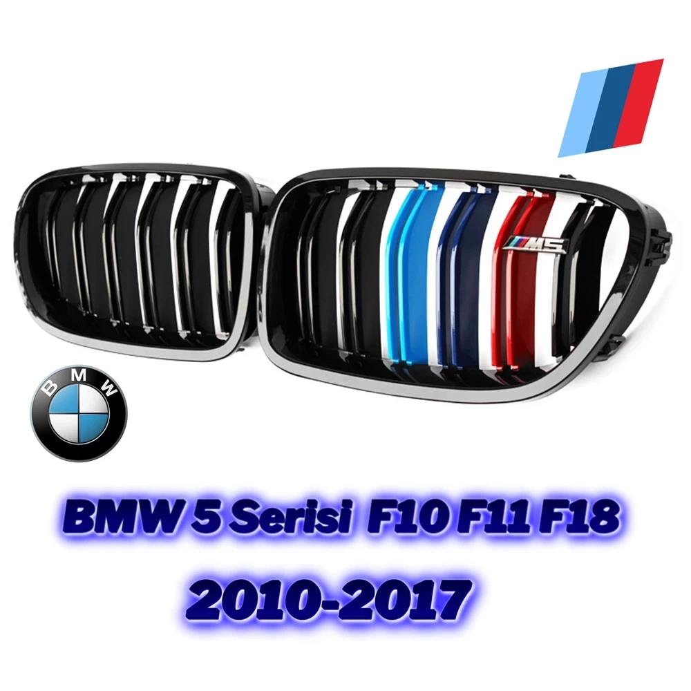 BMW 5 Serisi F10 F11 F18 2010-2017 Racing Parlak Siyah 3 Renkli Böbrek M Şerit Çizgili Tuning Tampon Izgara Panjur