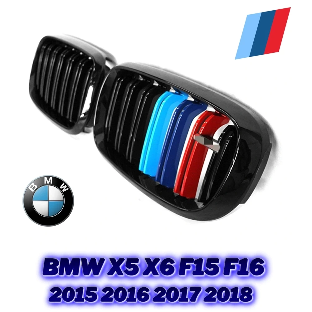 BMW X5 X6 F15 F16 2015-2018 Racing  Parlak Siyah 3 Renkli Böbrek M Şerit Çizgili Tuning Tampon Izgara Panjur