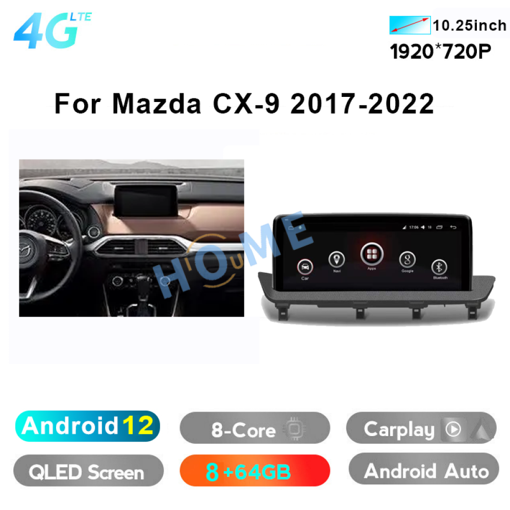 Mazda CX9 10.25 inch Android 13 - CarPlay - Android - GPS Navigasyon - Multimedya Ekran 2017-2020