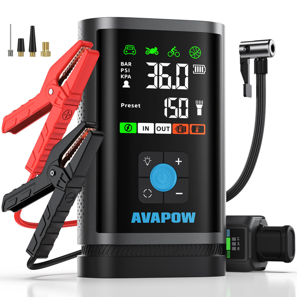 AVAPOW JP3 4'ü 1 Arada Taşınabilir Profesyonel Araç Takviye Cihazı Acil Durum Kiti Jump Starter Akıllı Hava Kompresörü 12V Akü Zorla Çalıştırma İşlevli (Bitmiş Aküyü Çalıştıran) (Force Start) Özellikli Enerji Şarj İstasyon