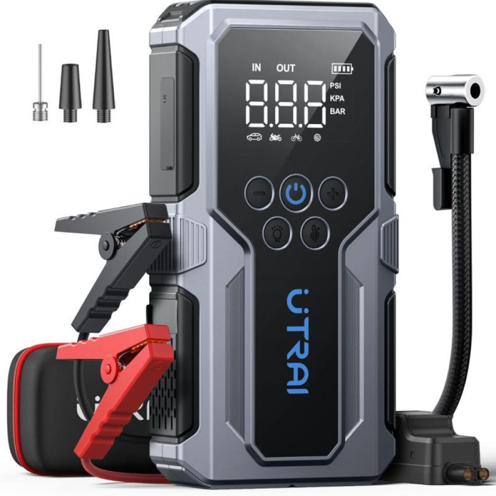 UTRAI Jstar JS9 4 Fonksiyonlu Jump Starter+Lastik Şişirme Pompası 12V Akü Takviye Zorla Çalıştırma (Bitmiş Aküyü Çalıştıran) (Force Start) Özellikli Acil Durum Kiti Enerji Hızlı Şarj İstasyonu Güç Kaynağı PowerBank 15000mA