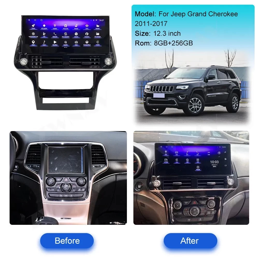 Jeep Cherokee Android 13 12.3 inç Multimedya Ekran Navigasyon Sistemi 2011 2012 2013 2014 2015 2016 2017