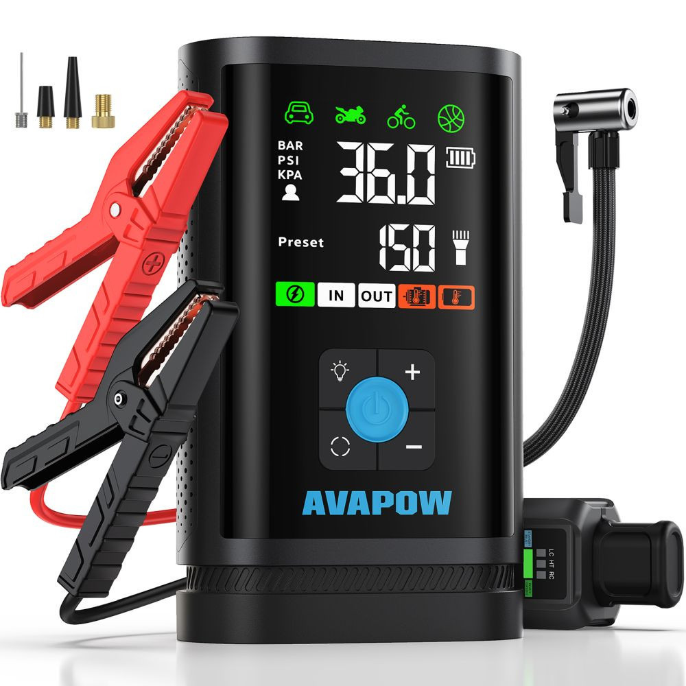 AVAPOW JP3 16000mAh 3000A Zorla Çalıştırma İşlevli Lastik Şişirme Pompalı Jump Starter Taşınabilir Akü Takviye Kiti (Powerbank-PD30W+LCD+LED Işık)