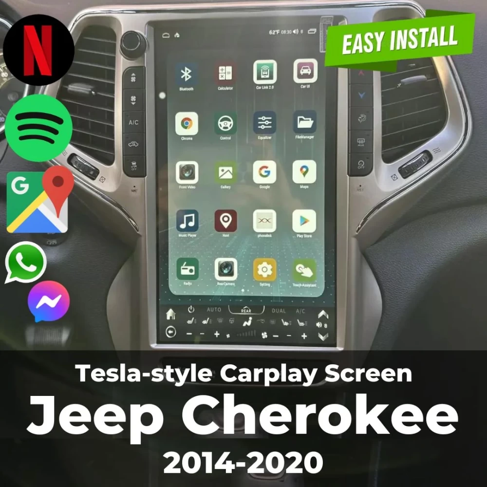 Jeep Cherokee Tesla Dizayn Android Auto Carplay Multimedya Ekran Navigasyon Sistemi 2014 2015 2016 2017 2018 2019 2020