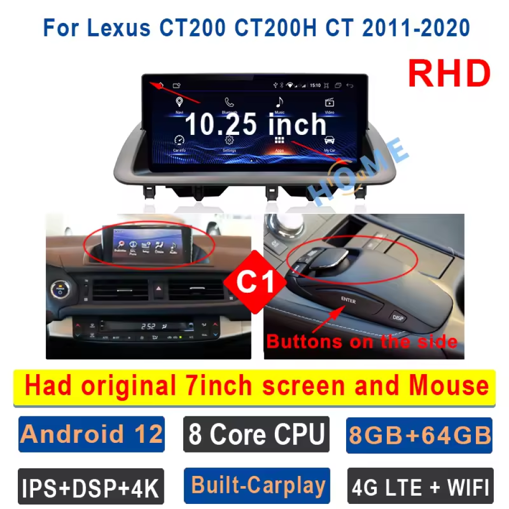 Lexus  CT200 CT200H 10.25 inch Android 12 - CarPlay - Android - GPS Navigasyon - Multimedya Ekran 2011-2020