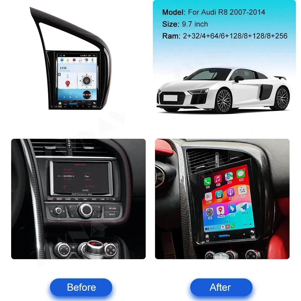 Audi R8 (2007-2015) 12GB RAM + 256GB Android 14.0 Tesla Style Dikey Multimedya Sistemi