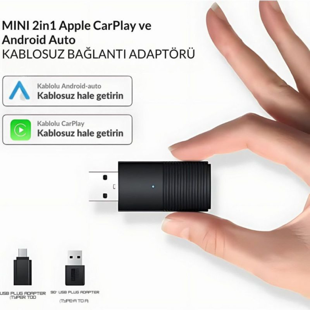 Ottocast Mini 2in1 Android ve Apple Cihazlar İçin Wireless/Kablosuz Android Auto ve Carplay Adaptörü