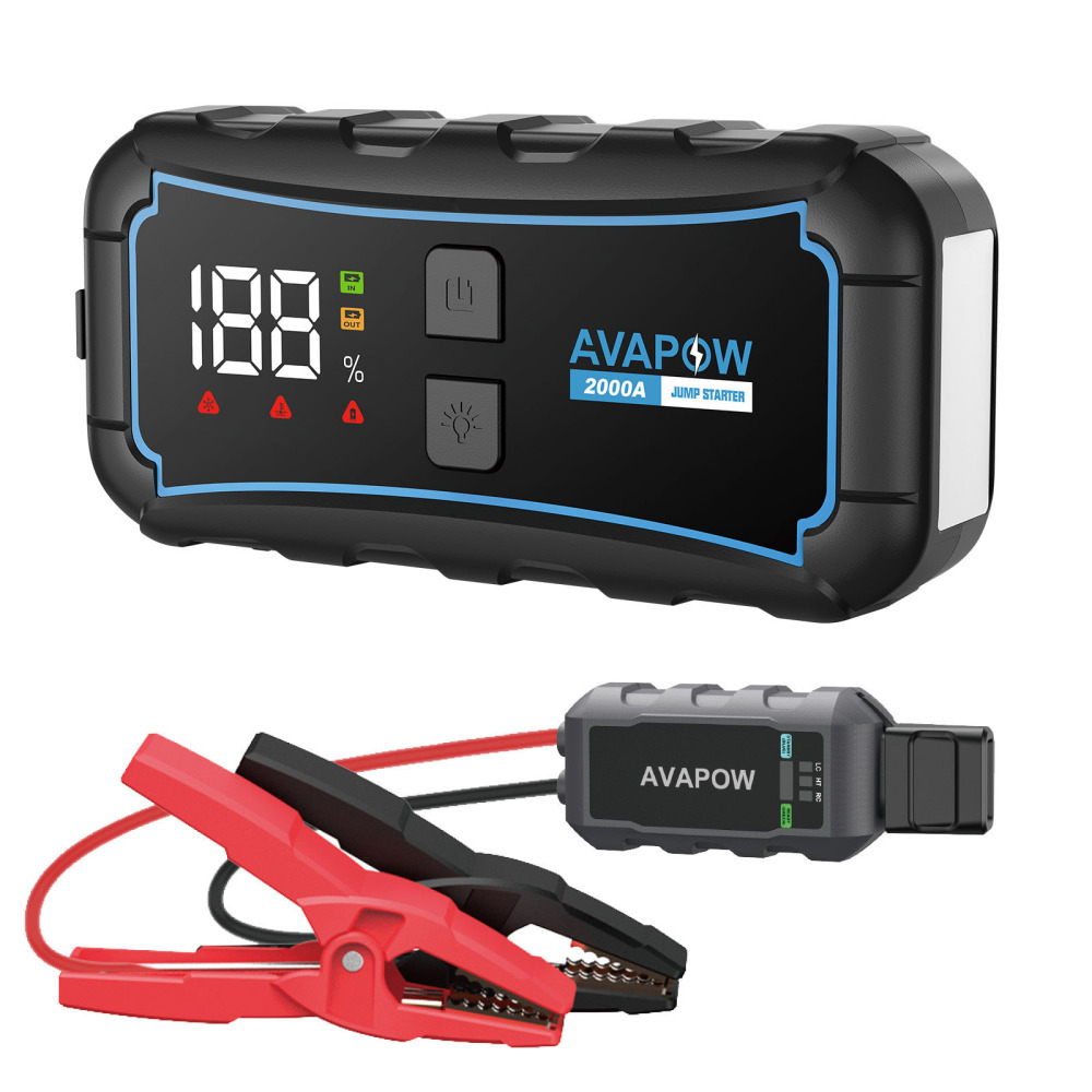 AVAPOW Lityum Araç 12V Akü Takviye Cihazı Zorla Çalıştırma İşlevli (Bitmiş Aküyü Çalıştıran) (Force Start) Özellikli Acil Durum Kiti Jump Starter Hava Kompresörü Enerji Şarj İstasyonu Güç Kaynağı Power Bank 2000A