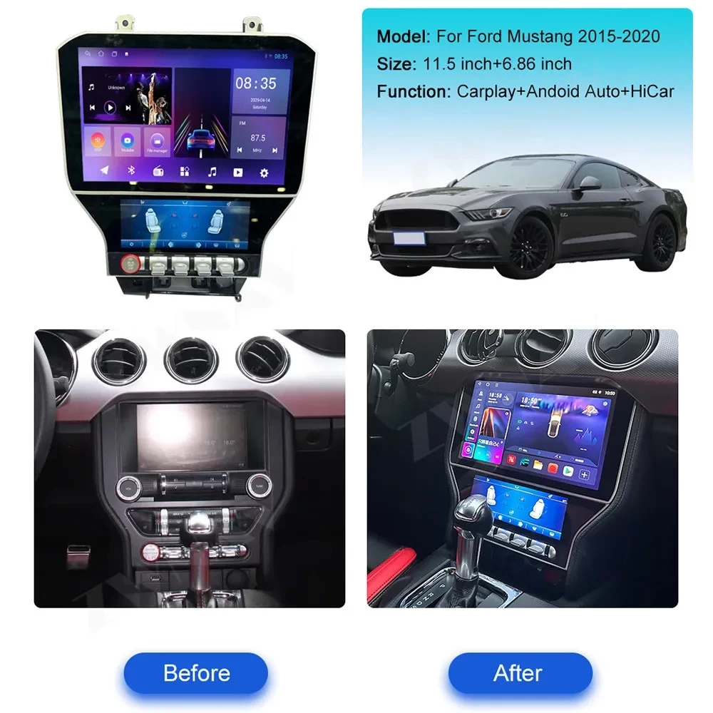 Ford Mustang GT 11.5 inç 6.86 inç Android 13 Multimedya 2 Ekranlı Navigasyon Sistemi 2015 2016 2017 2018 2019 2020